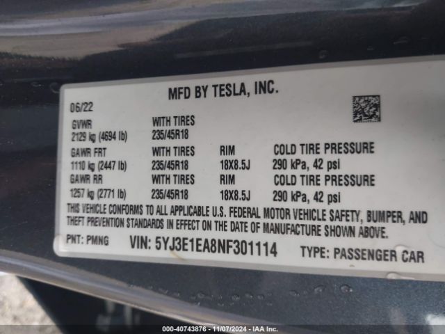 5YJ3E1EA8NF301114 Tesla Model 3 Rear-wheel Drive