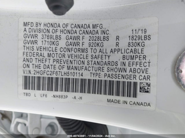 Honda Civic Lx 2020 2HGFC2F67LH510114 Image 9