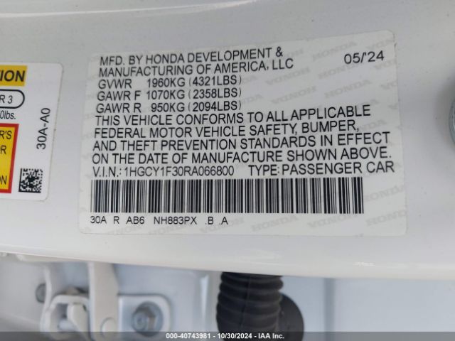 1HGCY1F30RA066800 Honda ACCORD EX