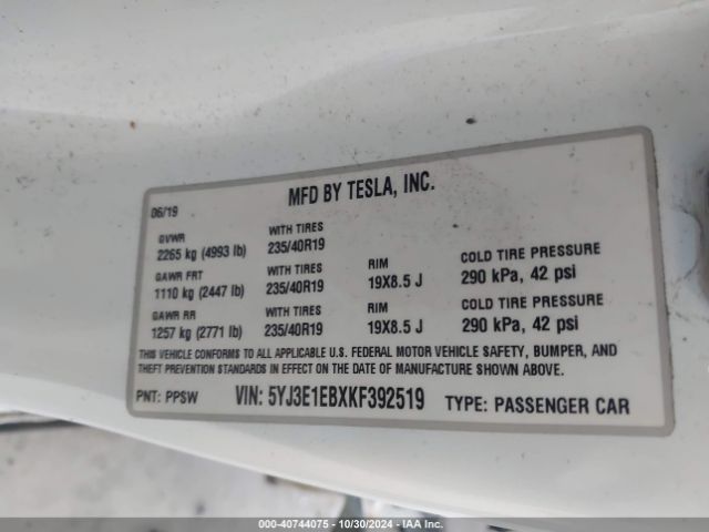 5YJ3E1EBXKF392519 Tesla Model 3 Long Range/performance