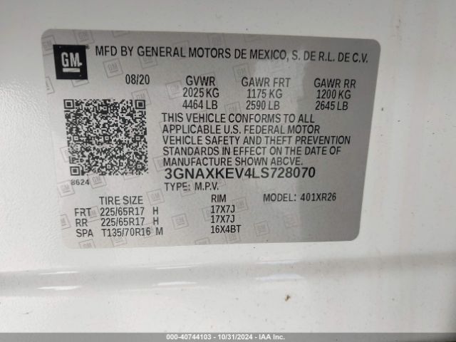 3GNAXKEV4LS728070 Chevrolet Equinox Fwd Lt 1.5l Turbo