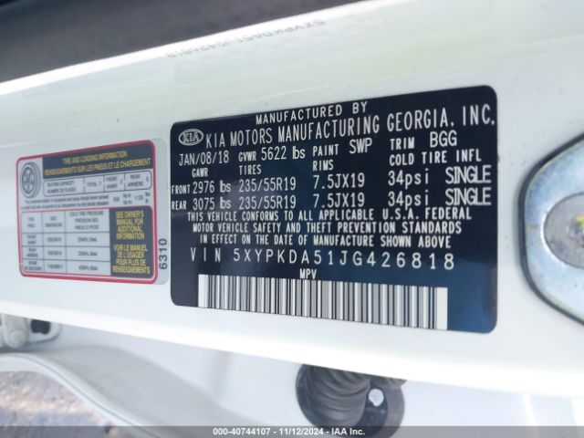 5XYPKDA51JG426818 KIA Sorento 3.3l Sx