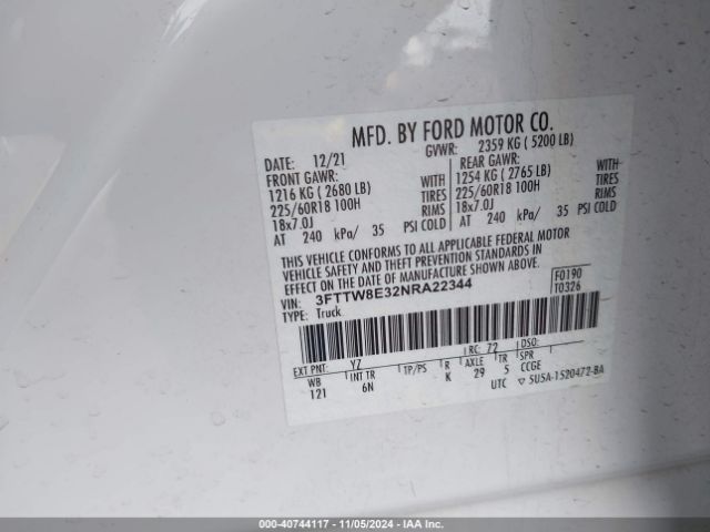 3FTTW8E32NRA22344 Ford Maverick Lariat