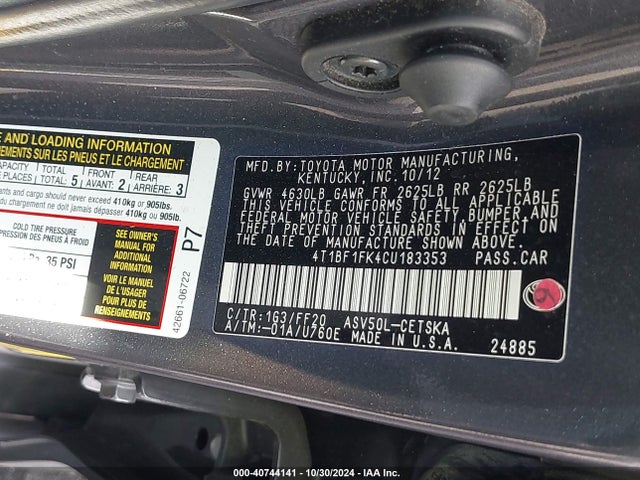 2012 Toyota Camry Se მანქანა იყიდება აუქციონზე, vin: 4T1BF1FK4CU183353, აუქციონის ნომერი: 40744141