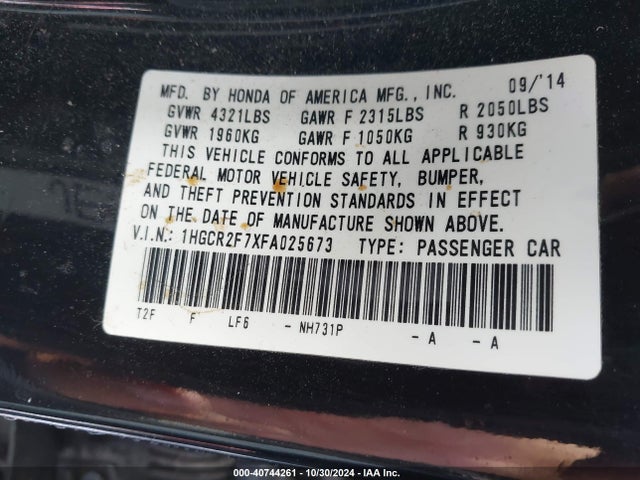 Honda ACCORD EX 2015 1HGCR2F7XFA025673 Image 9