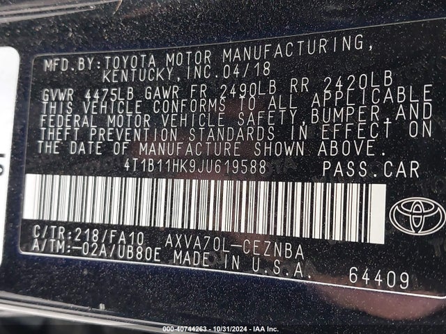 4T1B11HK9JU619588 Toyota CAMRY LE
