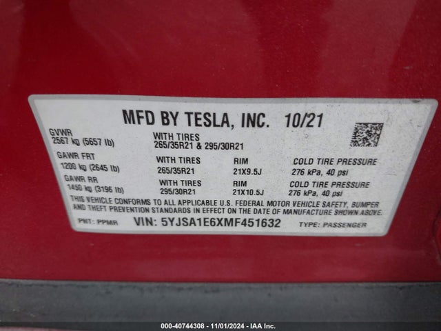 2021 TESLA MODEL S 5YJSA1E6XMF451632 Photo 8