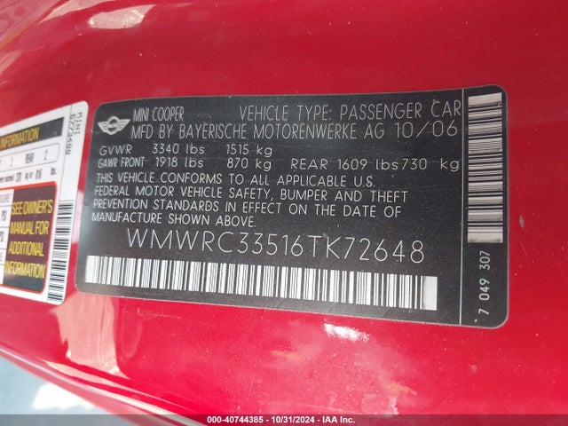 2006 MINI COOPER WMWRC33516TK72648 Photo 8