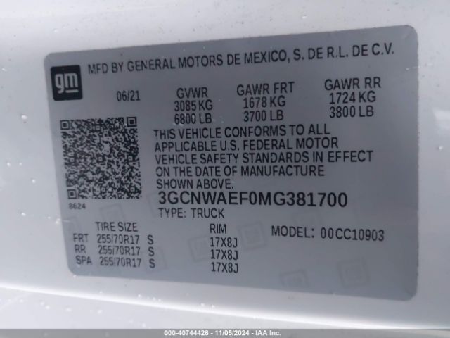 3GCNWAEF0MG381700 Chevrolet Silverado 1500 2wd  Long Bed Wt