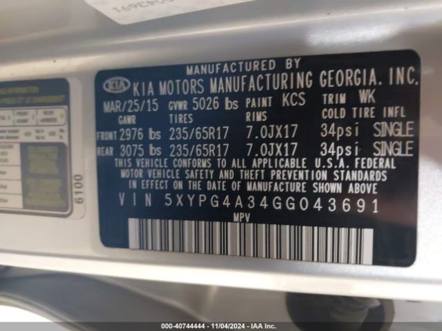 5XYPG4A34GG043691 KIA Sorento 2.4l L