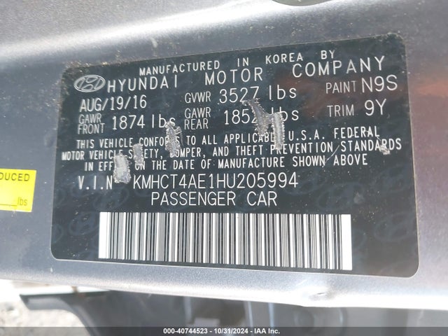Hyundai ACCENT SE 2017 KMHCT4AE1HU205994 Image 9