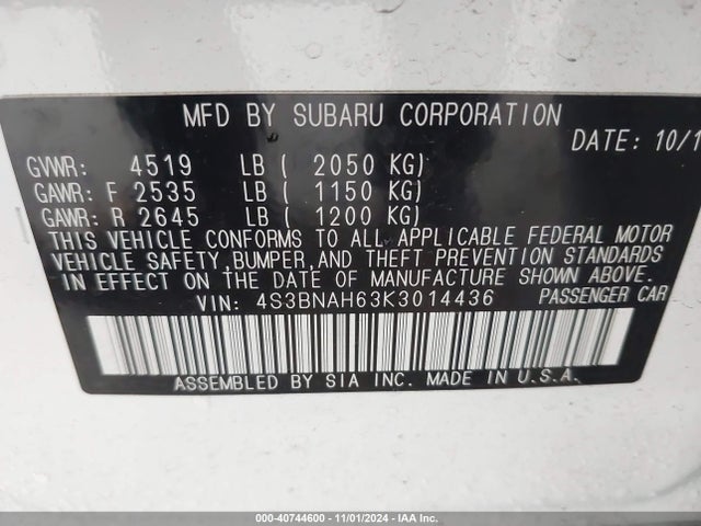 Subaru Legacy 2.5i Premium 2019 4S3BNAH63K3014436 Image 9