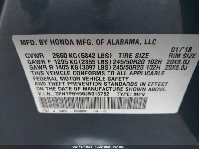 5FNYF6H96JB013782 Honda Pilot Touring