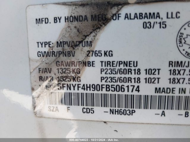 5FNYF4H90FB506174 Honda Pilot Touring