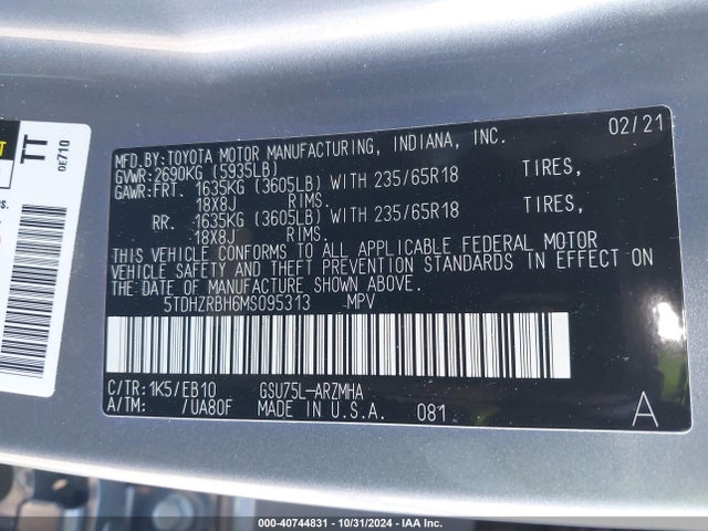 Toyota Highlander Xle 2021 5TDHZRBH6MS095313 Image 9