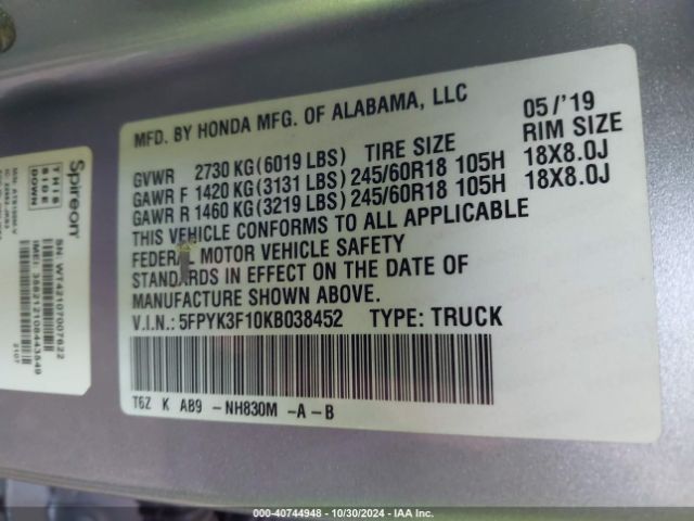 5FPYK3F10KB038452 Honda Ridgeline Sport