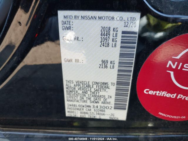 1N4BL4EW3MN343002 Nissan Altima Sl Intelligent Awd
