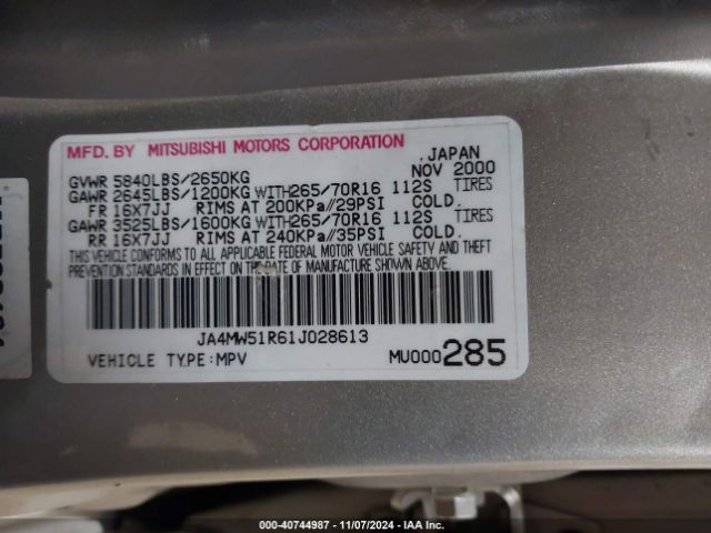 2001 MITSUBISHI MONTERO JA4MW51R61J028613 Photo 8
