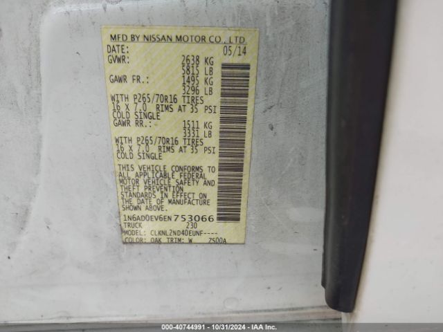 1N6AD0EV6EN753066 Nissan Frontier Pro-4x/s/sl/sv