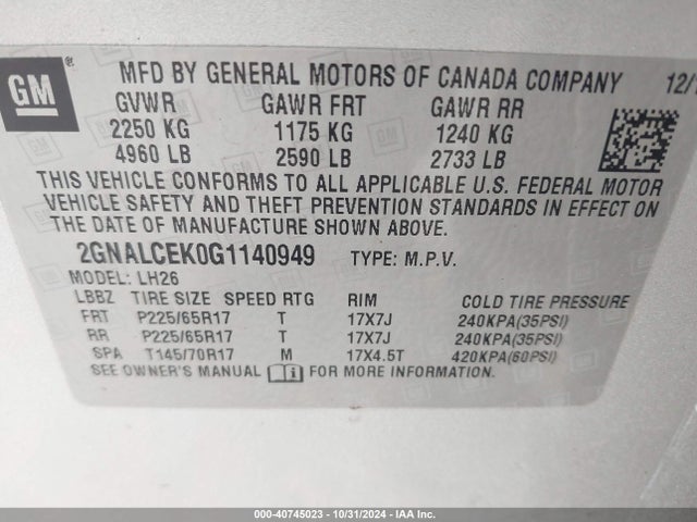 Chevrolet EQUINOX LT 2016 2GNALCEK0G1140949 Image 9