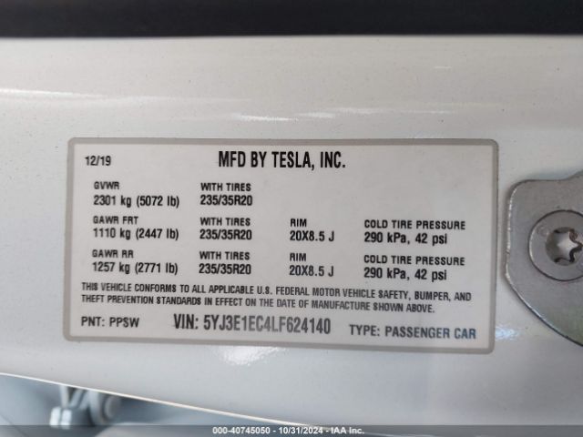 5YJ3E1EC4LF624140 Tesla Model 3 Performance Dual Motor All-wheel Drive