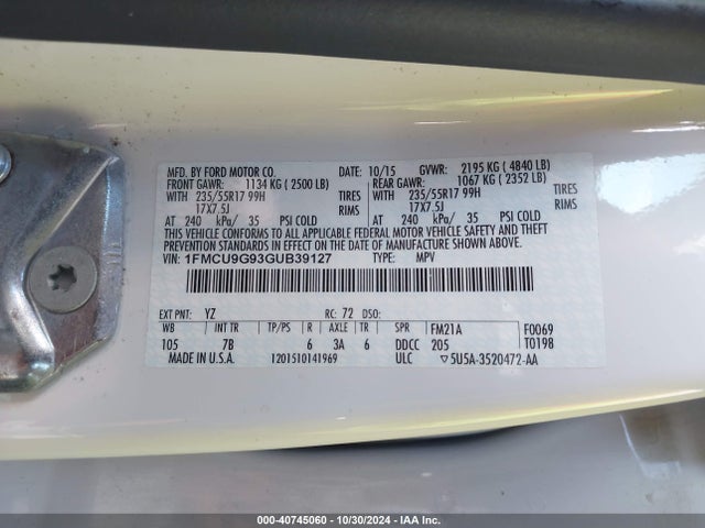 Ford ESCAPE SE 2016 1FMCU9G93GUB39127 Image 9