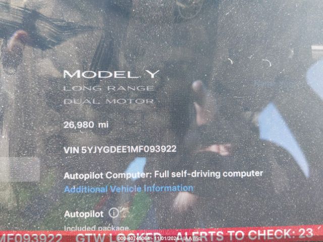 5YJYGDEE1MF093922 Tesla Model Y Long Range Dual Motor All-wheel Drive