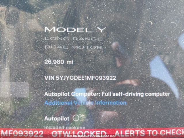 5YJYGDEE1MF093922 Tesla Model Y Long Range Dual Motor All-wheel Drive