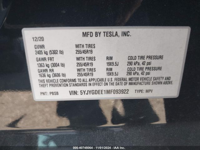 5YJYGDEE1MF093922 Tesla Model Y Long Range Dual Motor All-wheel Drive