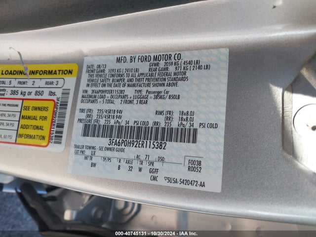 Ford FUSION SE 2014 3FA6P0H92ER115382 Image 9