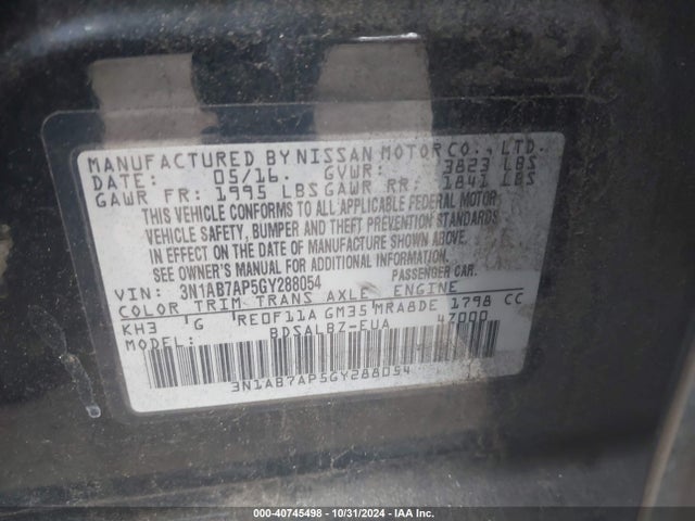 Nissan SENTRA S 2016 3N1AB7AP5GY288054 Image 9