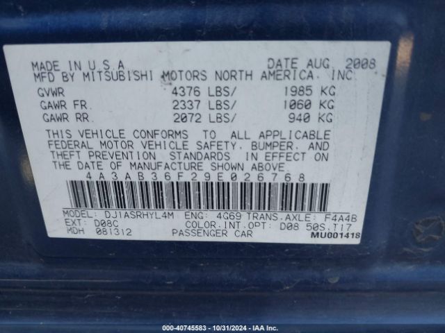 2009 MITSUBISHI GALANT 4A3AB36F29E026768 Photo 8