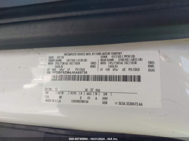 1FDBF8ZM4JKA69738 Ford Transit-350 Cab