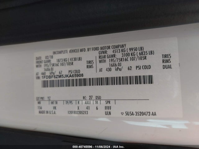 Ford Transit-350 Cab 2018 1FDBF8ZM5JKA65908 Image 9