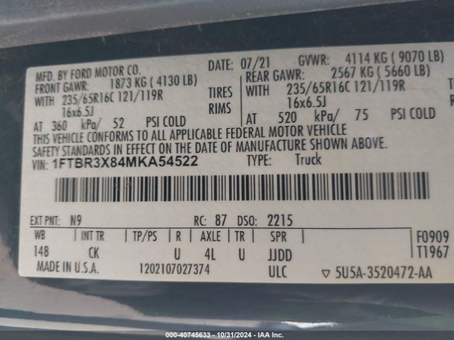 1FTBR3X84MKA54522 Ford Transit-250 Cargo Van