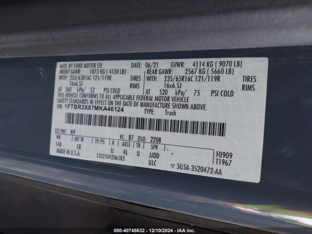 1FTBR3X87MKA46124 Ford Transit-250 Cargo Van