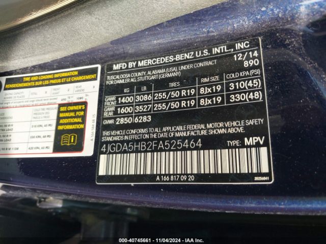 4JGDA5HB2FA525464 Mercedes-Benz Ml 350 4matic