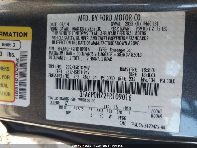 Ford FUSION SE 2015 3FA6P0H72FR109016 Image 9