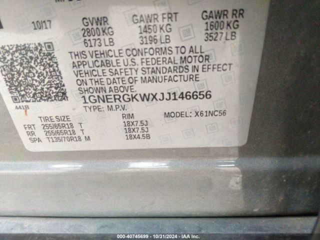 1GNERGKWXJJ146656 Chevrolet Traverse 1lt