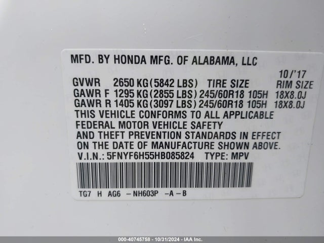 Honda Pilot Ex-l 2017 5FNYF6H55HB085824 Image 9