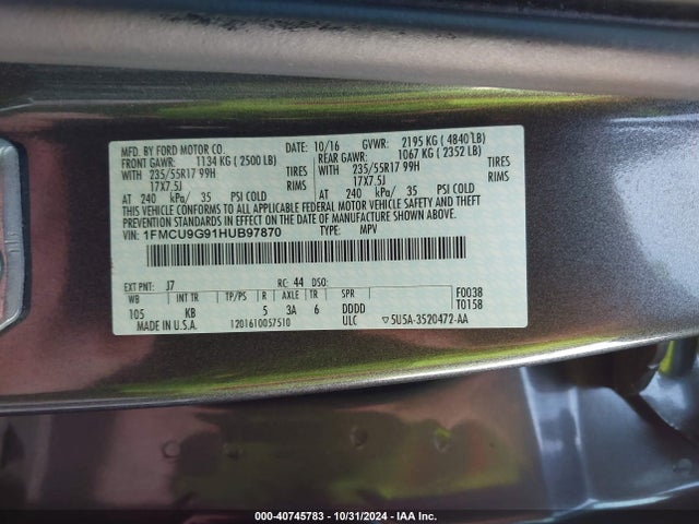 Ford ESCAPE SE 2017 1FMCU9G91HUB97870 Image 9