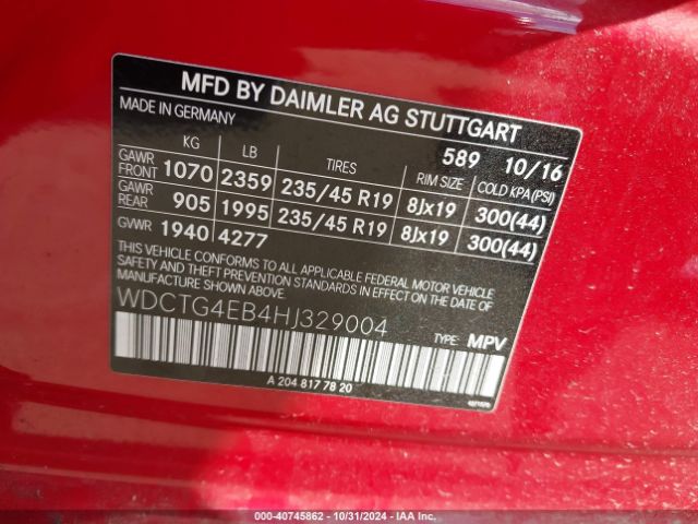 WDCTG4EB4HJ329004 Mercedes-Benz GLA 250