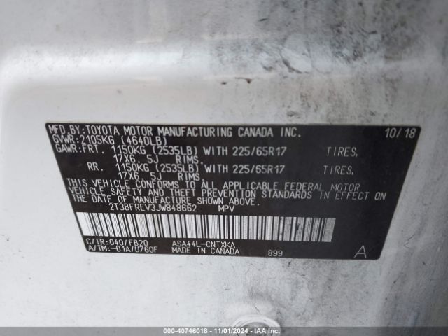 2T3BFREV3JW848662 Toyota RAV4 LE