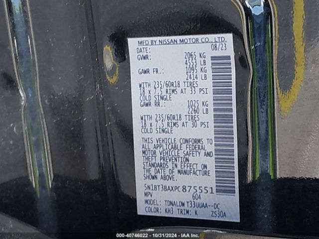 5N1BT3BAXPC875551 Nissan Rogue Sv Fwd