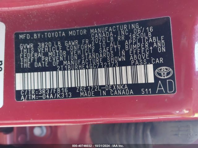 2T1BURHE4GC712173 Toyota COROLLA LE