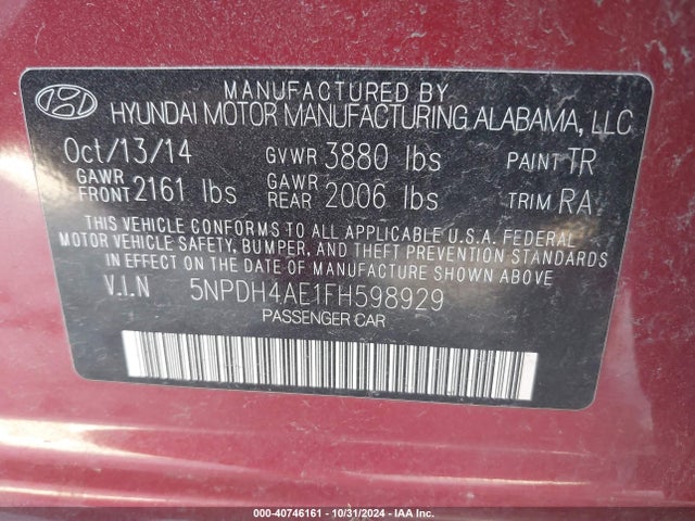 Hyundai ELANTRA SE 2015 5NPDH4AE1FH598929 Image 9