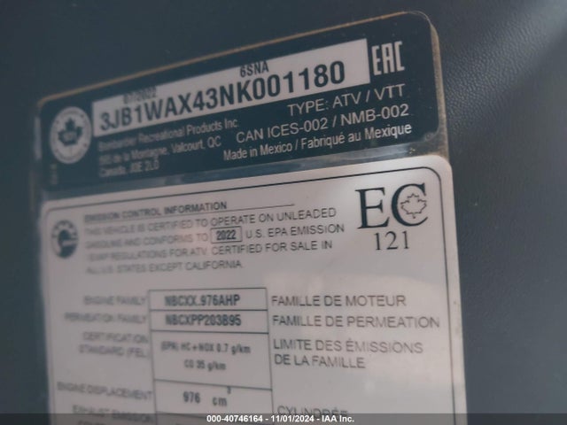 2022 CAN-AM MAVERICK SPORT 3JB1WAX43NK001180 Photo 9