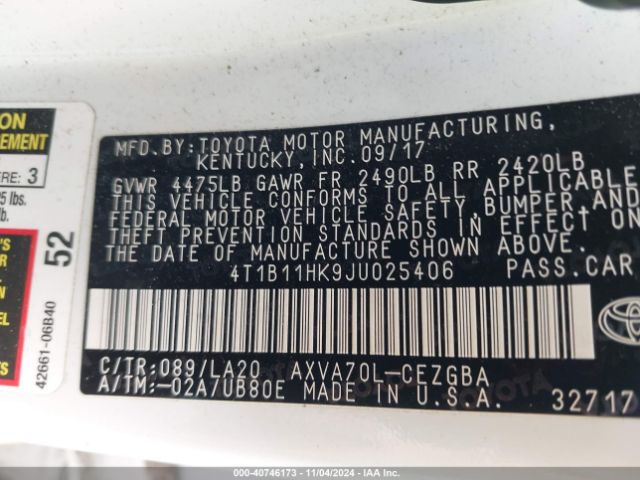 4T1B11HK9JU025406 Toyota CAMRY XLE