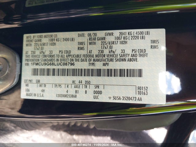 Ford ESCAPE SE 2020 1FMCU9G68LUC08796 Image 9