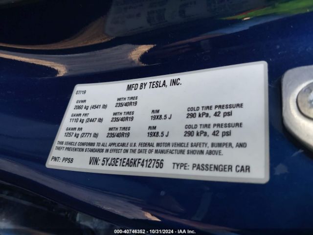 5YJ3E1EA6KF412756 Tesla Model 3 Long Range/mid Range/standard Range/standard Range Plus